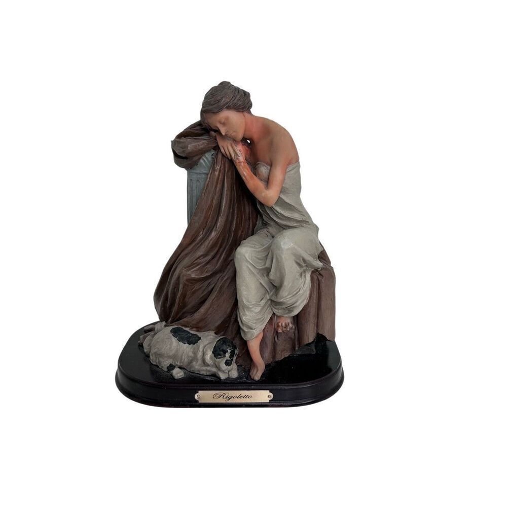 Vintage Rigoletto Figurine 8" Brown Gray Resin Woman Sleeping With Spaniel Dog